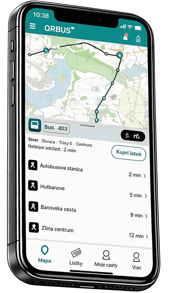 Aplikácia QRbus na mobile — live mapa spoja, detail trasy a nákup lístka